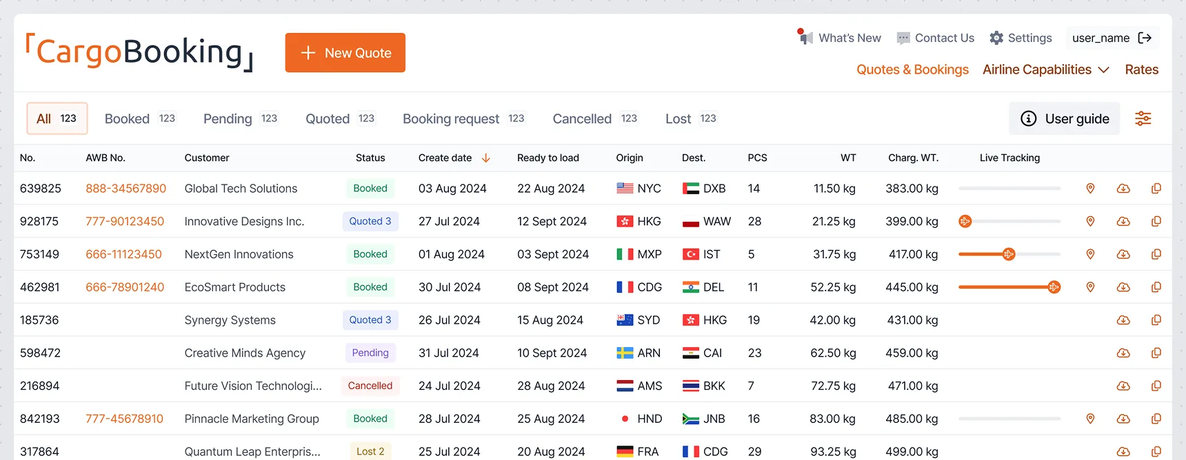 CargoBooking dashboard showing quotes & bookings with origin, destination, weight, and live tracking.